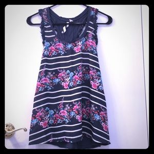 Flower, striped, tank top with shoulder ruffle